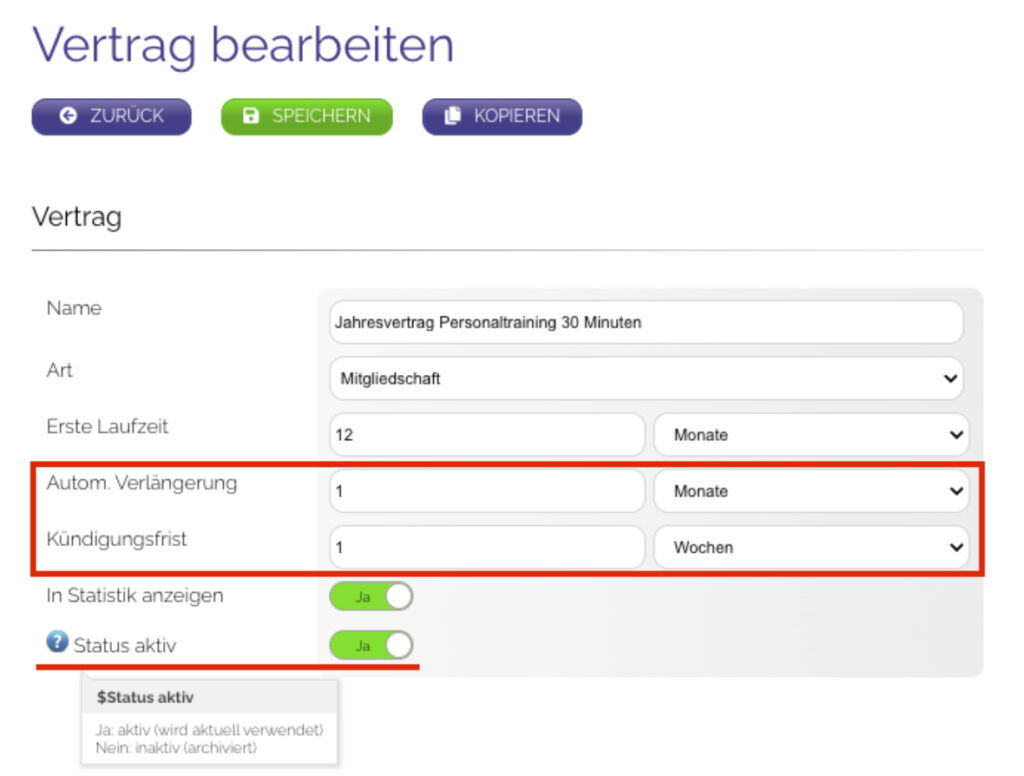 Vertrag bearbeiten in OptiOffice, Detailansicht Automatische Vertragsverlängerung