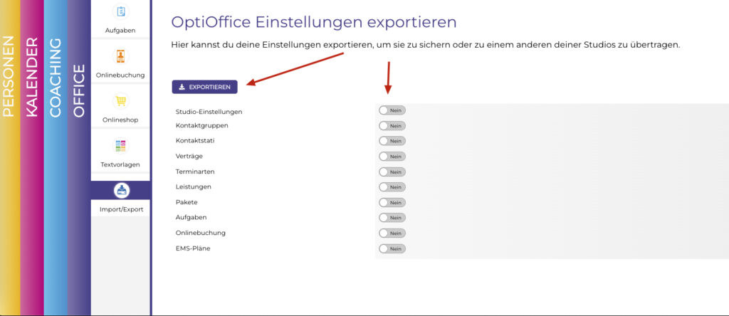 Studioeinstellungen exportieren OptiOffice